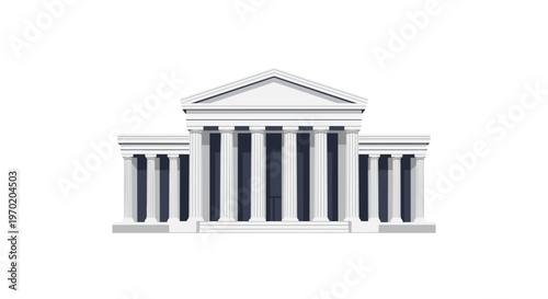A grand, symmetrical classical building with a triangular pediment and numerous tall, fluted columns stands prominently against a white background.