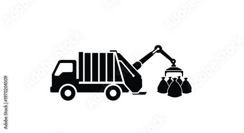 Garbage truck lifting trash bags a stark black graphic silhouette