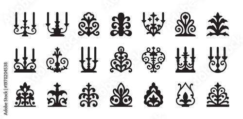 Set of black and white ornate candelabra and decorative design elements vector illustration