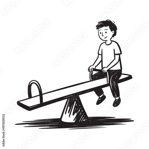 A young boy happily plays on a seesaw in a simple sketch