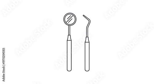 A minimalist black and white line art illustration features a standard circular dental mirror and a sharp hooked metal pick against a pristine white background.