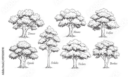 Hand drawn collection of seven different trees with unique names nature botanical
