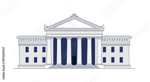 A classical building with a triangular pediment and blue-outlined columns features visible blue windows on its side wings against a white background.