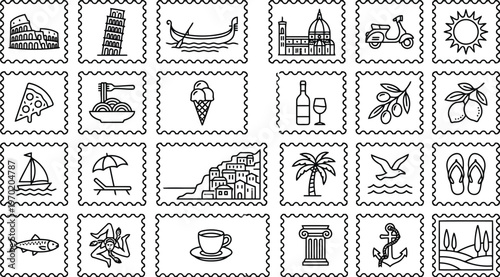 Italian travel themed icons: landmarks, food, and culture, includes symbols like the leaning tower of pisa, gondolas, pizza