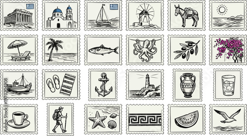 Collection of hand drawn travel and mediterranean themed icons on decorative stamp illustrations