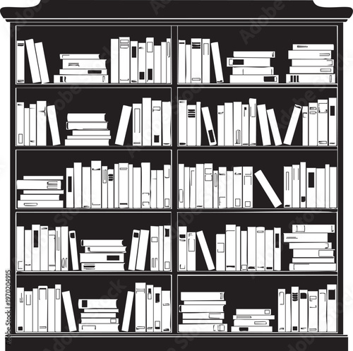 Bookshelf, office bookshelves, bookcase vector, library storage, black and white illustration