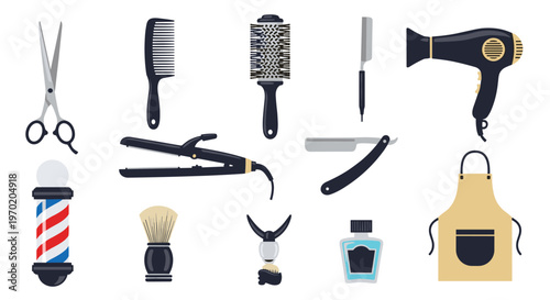 A comprehensive collection of ten distinct barbershop tools, including scissors, combs, brushes, a razor, and an apron, are neatly arranged on a white background.