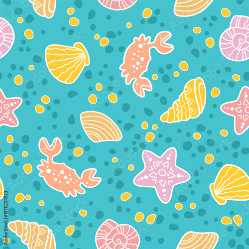 Hand drawn seamless pastel marine pattern with shells, corals, crab and stars, playful ocean themed boho background with soft blue, pink, yellow and beige doodle elements on turquoise background