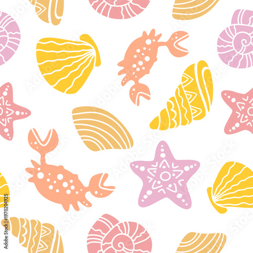 Hand drawn seamless pastel marine pattern with shells, corals, crab and stars, playful ocean themed boho background with soft blue, pink, yellow and beige doodle elements