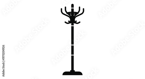 A black coat rack stands isolated against a white background silhouette