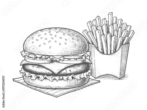 Hand drawn hamburger and french fries in a carton food fast