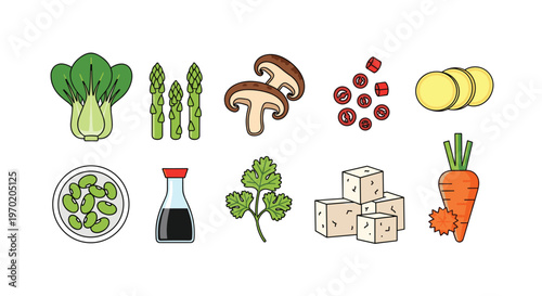 A neatly arranged grid displays ten distinct Asian cooking ingredients, including bok choy, asparagus, mushrooms, chilies, and tofu, on a white background.