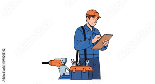 A professional technician wearing a blue jumpsuit and orange safety helmet meticulously records data on a wooden clipboard beside a full orange tool bag.