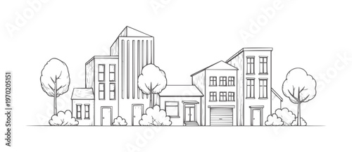 Hand drawn of diverse buildings and trees in a row houses bushes architecture