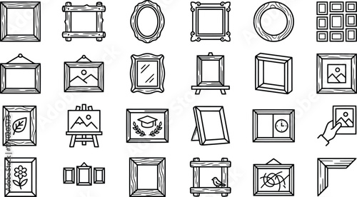 Hand-drawn picture frames and gallery display line icons set with art exhibition elements