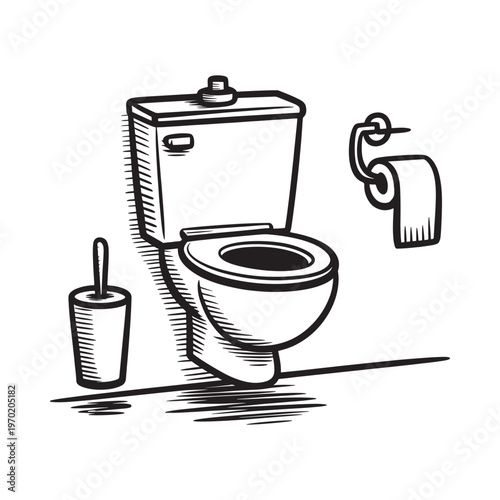 Black and white illustration of a toilet brush and toilet paper roll