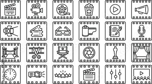 Hand-drawn film production and cinema line icons set with movie and media elements