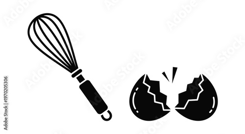 A whisk and broken eggshell depicted in a dark silhouette
