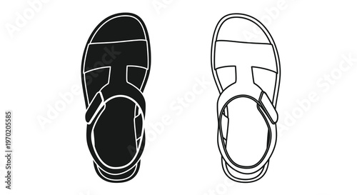 Two sandals shown in contrasting views a bold silhouette