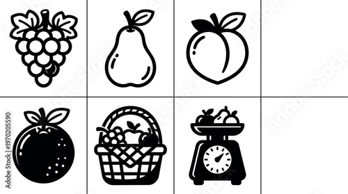 Grapes pear peach orange fruit basket and scale