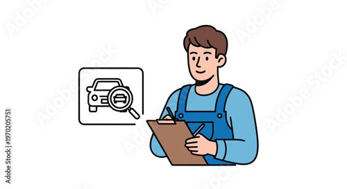 A friendly automotive inspector in blue overalls carefully documents vehicle details on a clipboard while a magnifying glass icon highlights a car silhouette nearby.
