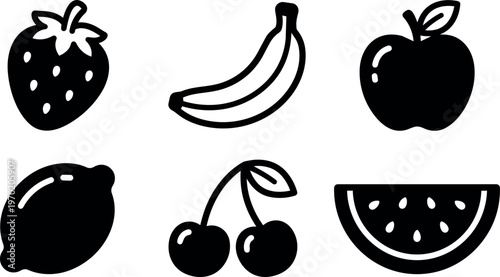 Black and white flat design fruit icons strawberry banana apple lemon cherries watermelon slice