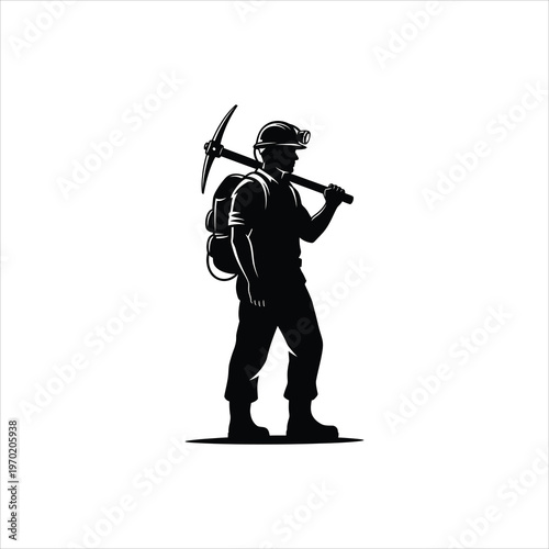 Miner Carrying Pickaxe and Backpack Mining Industry Symbol Silhouette of Worker Isolated on white background