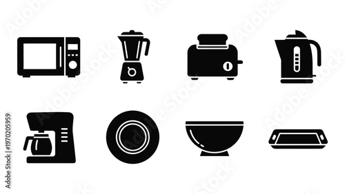 A collection of common kitchen appliances and dishware are depicted in a stark black outline silhouette high quality professional detailed modern