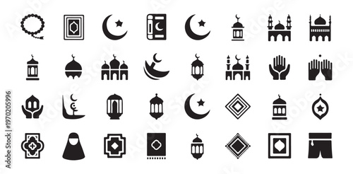 Islamic religious symbols mosque crescent moon star prayer rug lantern book