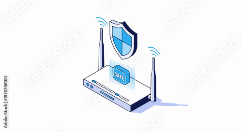 Isometric Wireless Router with Security Shield and Safe Button Concept for Network Protection and Cybersecurity Illustration
