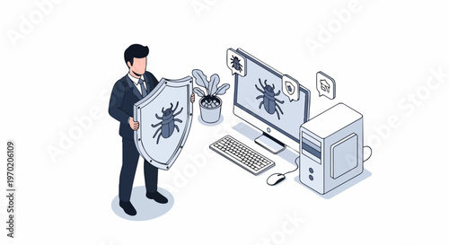 Cybersecurity Concept Isometric Illustration with Professional Protecting Desktop Computer from Software Bugs and Malware Using a Shield