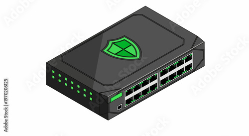 Isometric 3D Network Switch with Green Security Shield Icon, Cybersecurity Firewall and Data Protection Concept for Secure IT Infrastructure