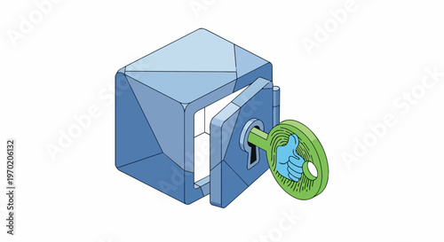 Biometric Data Security Concept with Thumbprint Key Opening a Safe Box, Isometric Illustration of Digital Protection and Cybersecurity Authorization