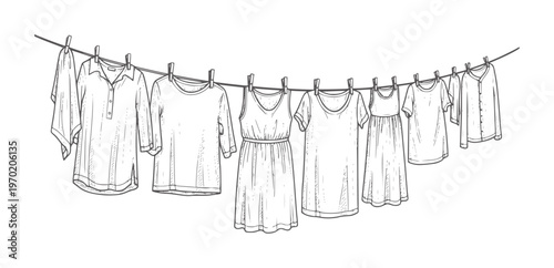 Hand drawn of various clothing drying a clothesline handdrawn laundry