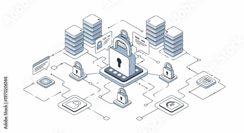 Isometric Cyber Security and Data Protection Concept Illustration Featuring Network Servers, Padlocks, and Encrypted Cloud Storage Infrastructure on White Background