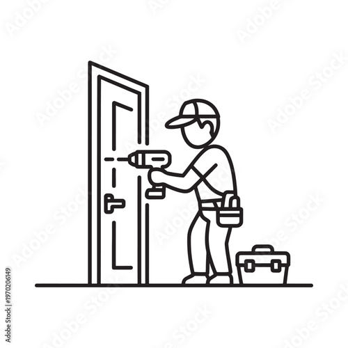 Line art illustration of a worker installing a door lock