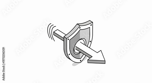 Isometric Illustration of a Security Breach with an Arrow Passing Through a Shield Hole; Concept of Vulnerability, System Loophole, and Failed Protection in Minimalist Style