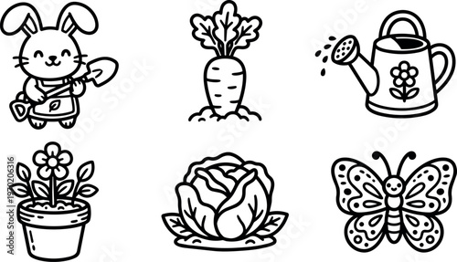 Cute bunny holding shovel with carrot cabbage butterfly and watering can line art