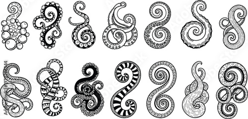 Large set of decorative octopus tentacles with various patterns and swirls isolated on white background for vintage nautical design ocean theme tattoos and marine illustrations