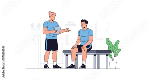 A male physical therapist consults with a male patient seated on a bench in a minimalist gym setting.