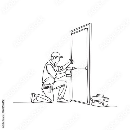 Continuous line drawing of a handyman installing a door lock