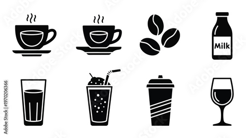A collection of black silhouettes depicting coffee tea milk and various beverage containers a minimalist silhouette high quality professional detailed modern