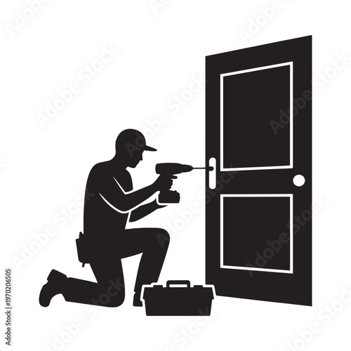 A silhouetted handyman kneels to repair a door with a power drill