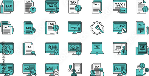 Tax accounting and financial reporting line icon set featuring tax forms compliance audit analytics and business documentation
