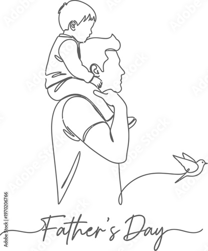 Minimalist continuous line art illustration of a father carrying his young son on his shoulders for Father's Day celebration.