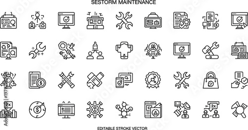 System maintenance and technical support line icon set featuring repair tools configuration monitoring troubleshooting and service management