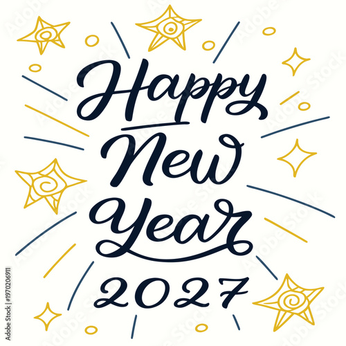 Happy New Year 2027 in black and gold black text gold stars