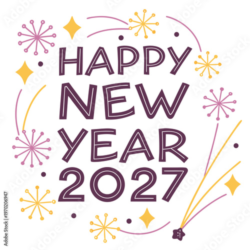 Happy New Year 2027 Fireworks and Stars purple