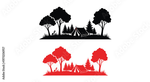 Camping scene with trees and a tent presented as a silhouette