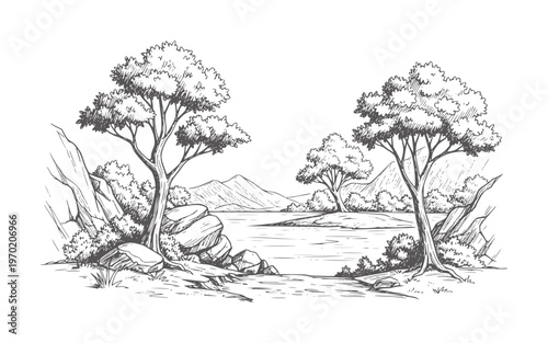 Of a serene landscape with trees rocks and a body of water mountains
